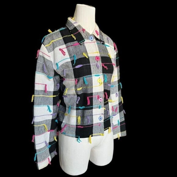 VTG 90s Lifestyle Checkered Colorful Jacket Coat Button Up Sz M 100% Cotton - Picture 3 of 11